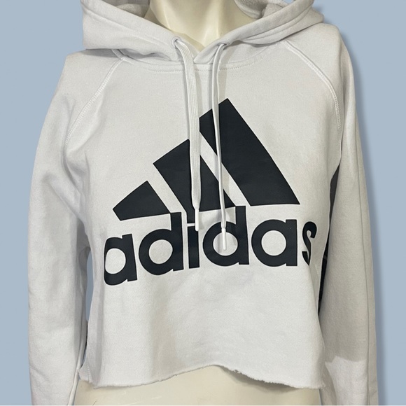 Adidas white cropped hoodie with black graphic logo M - Picture 3 of 5